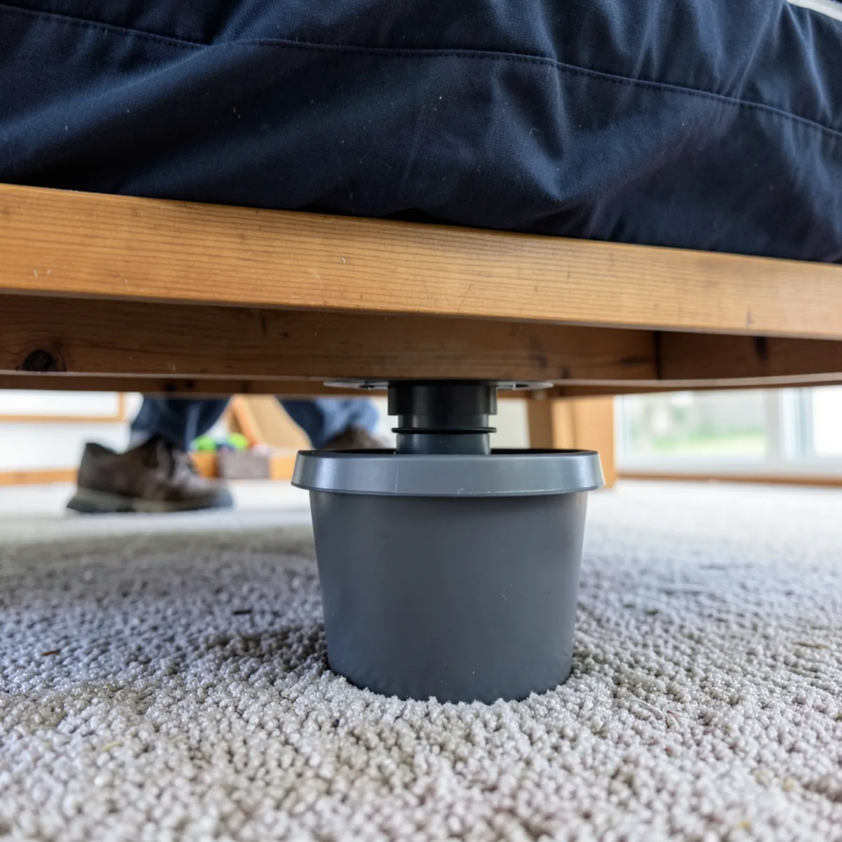 Bed bug interceptor trap placed directly under a wooden bed frame post on carpet