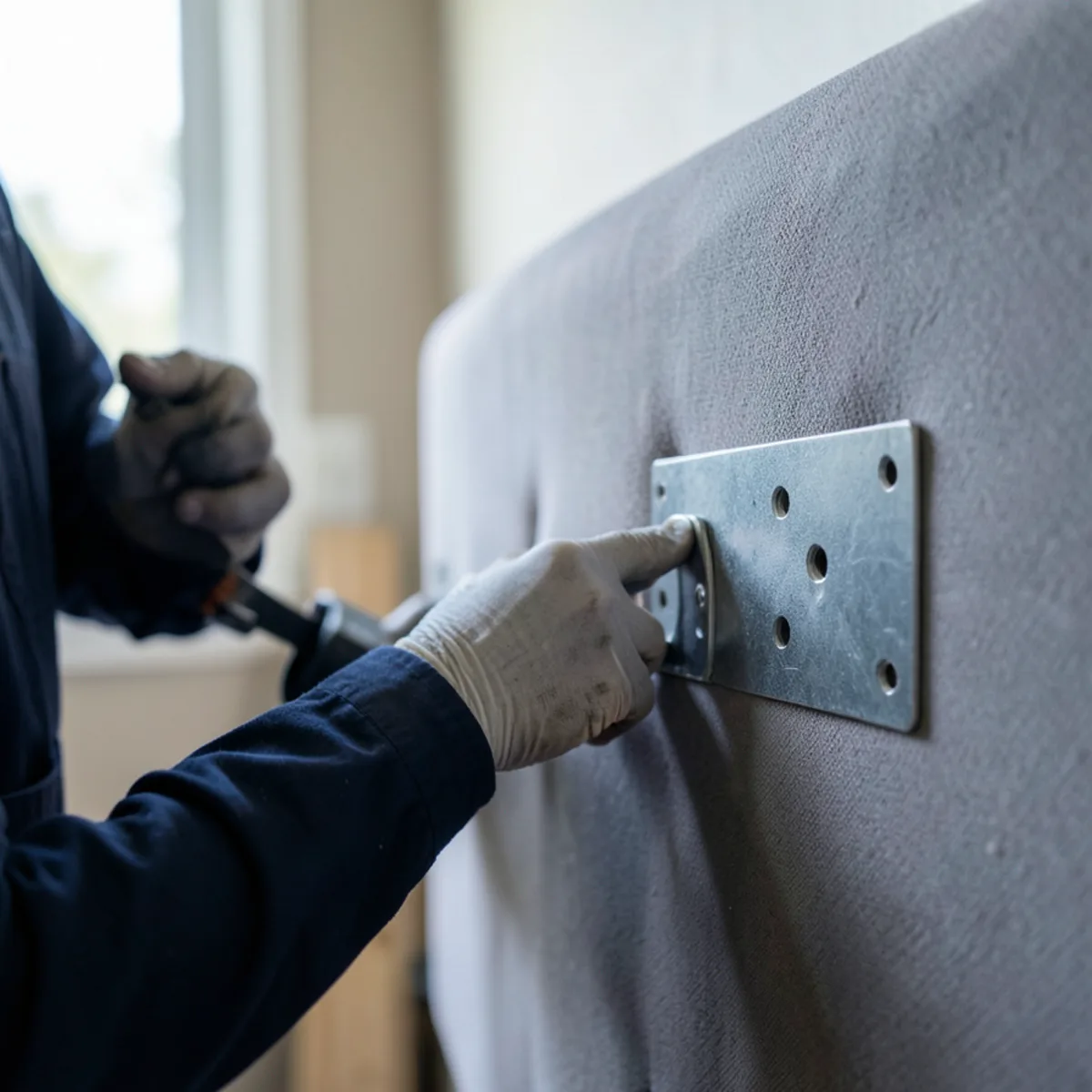 Inspecting metal mounting brackets and screw holes on the back of a wall-mounted headboard