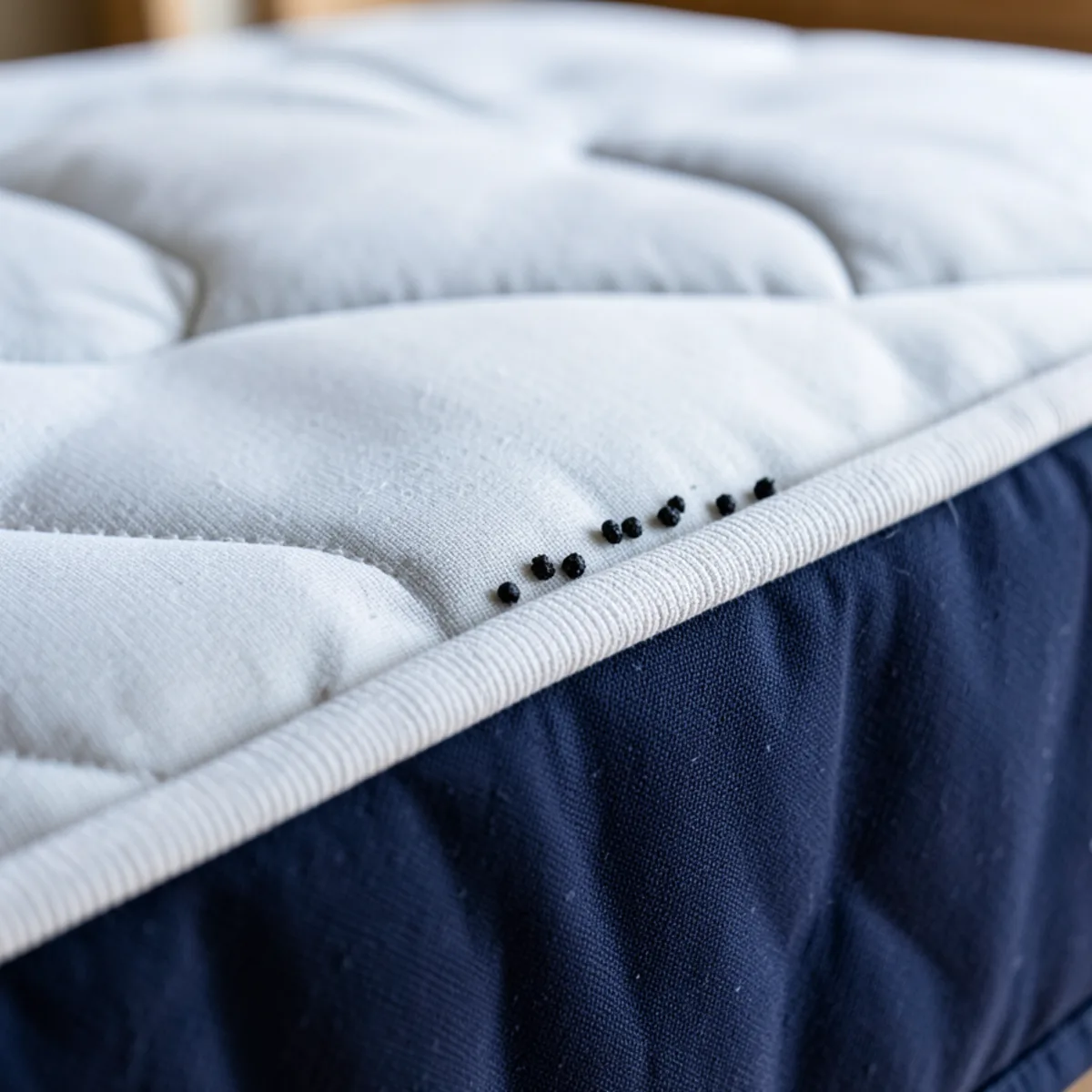 Close-up of small black ink-like fecal spots clustered on fabric mattress seam piping