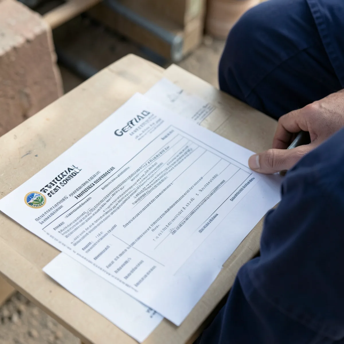 Official Georgia Structural Pest Control Division inspection report form on desk