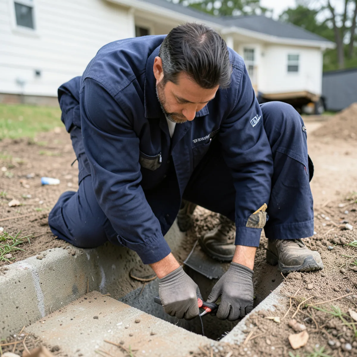 Exterior crawl space entry well and door requiring specialized inspection access
