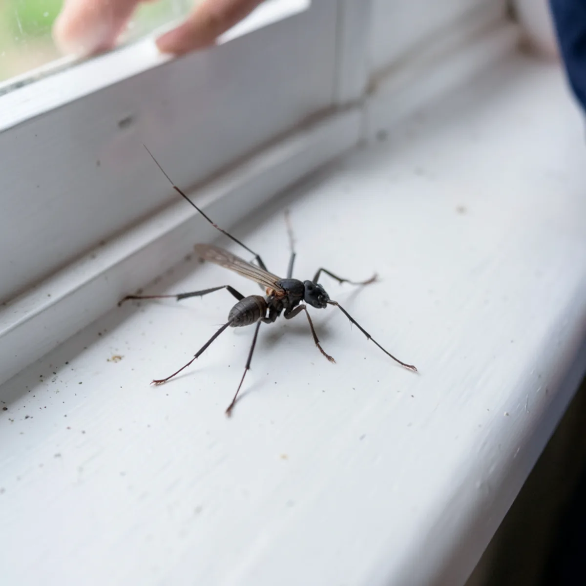 Close-up of dark-bodied winged subterranean termite alates on white painted windowsill