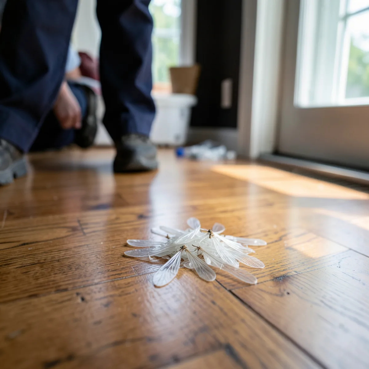 Discarded insect wings clustered on hardwood floor near front entryway baseboard