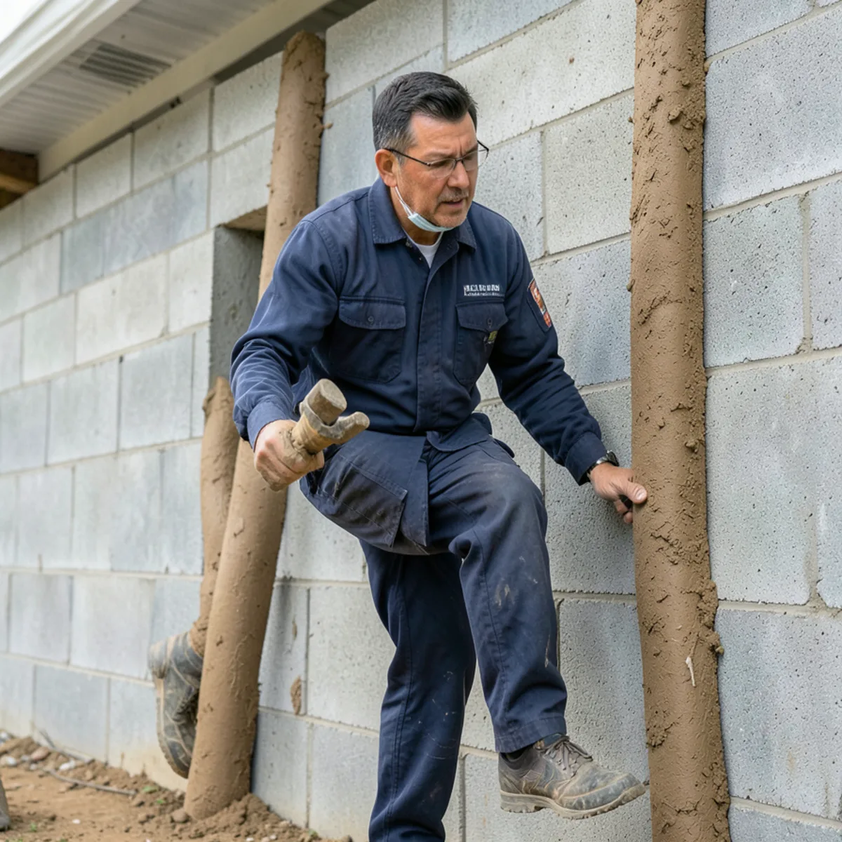 Mud shelter tubes built vertically over cinder block crawl space foundation wall