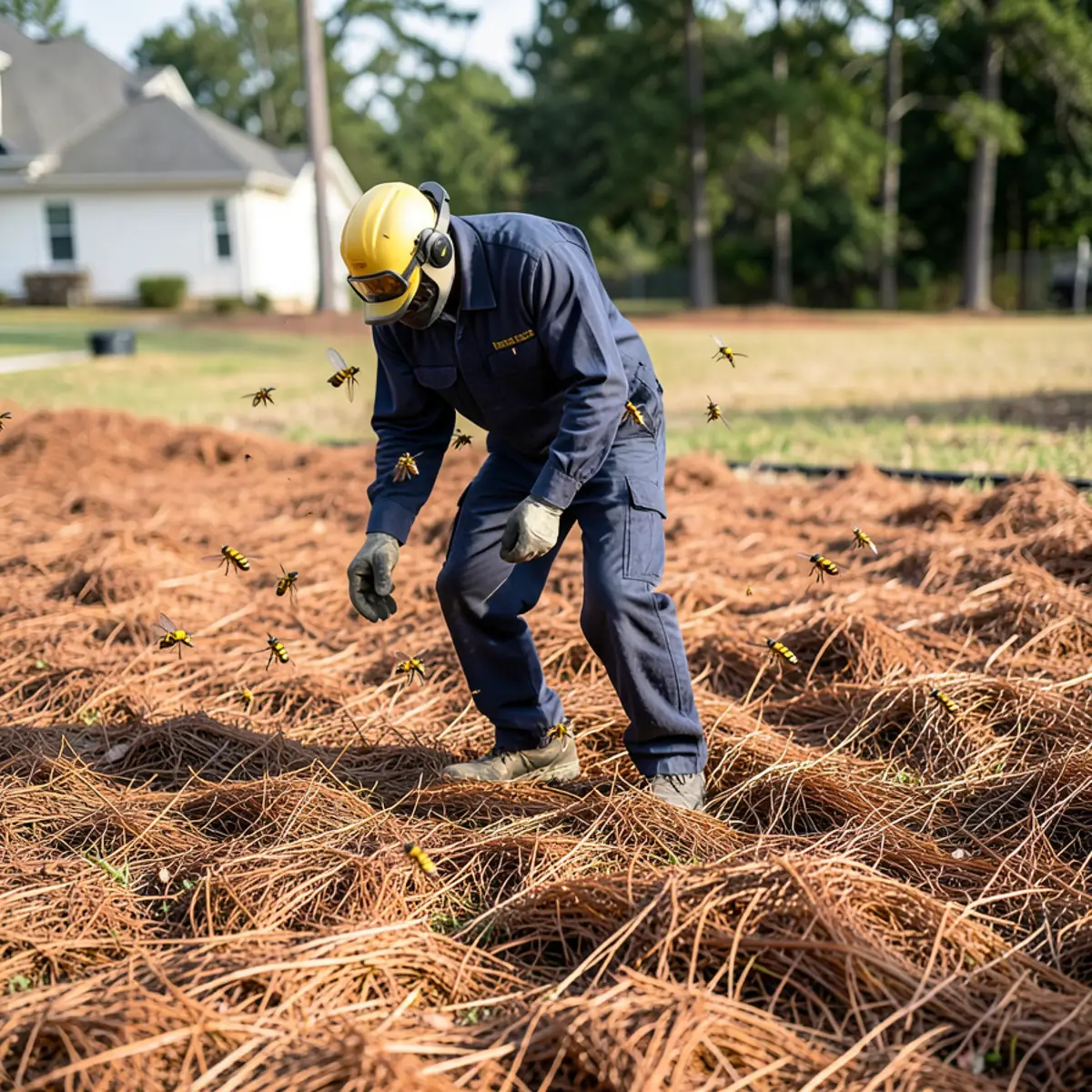 Stinging yellow jackets flying aggressively above a thick pine straw landscaping mulch bed