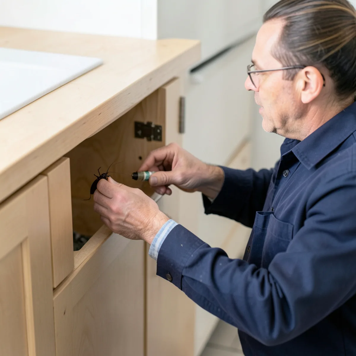 Precision application of cockroach gel bait inside kitchen cabinet door frame corner