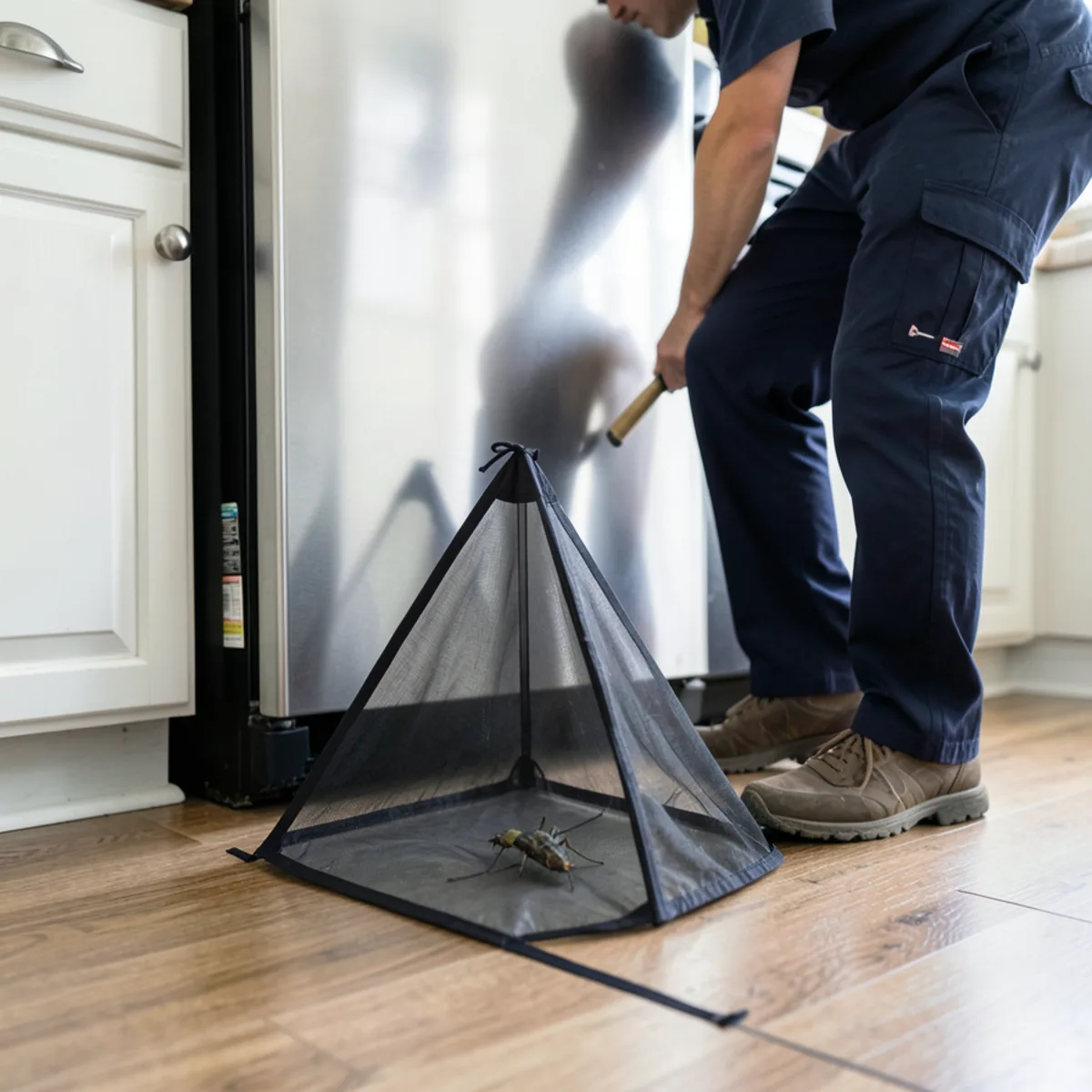 Sticky monitoring insect trap placed on floor behind kitchen appliance to track roach populations