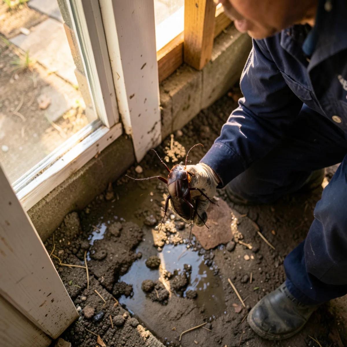Inspection of crawl space foundation drain pipes where American roaches enter