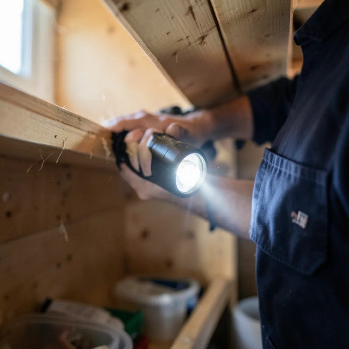 Flashlight inspection along interior pantry shelving joints for insect frass and cast skins