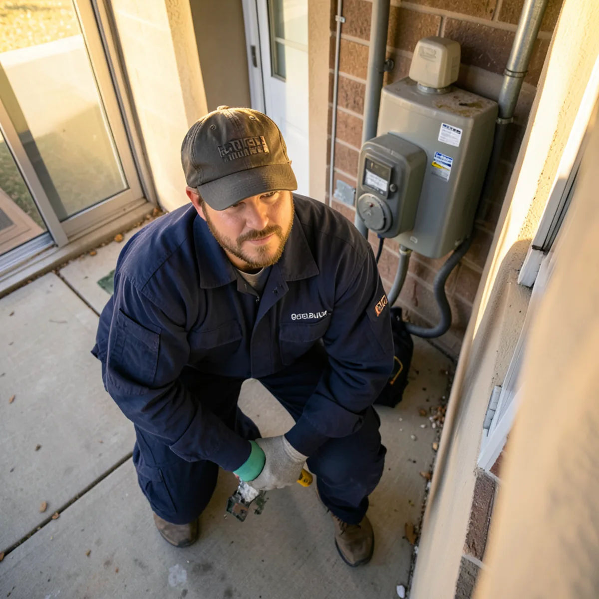Rear service corridor and utility meters behind a suburban retail shopping strip center