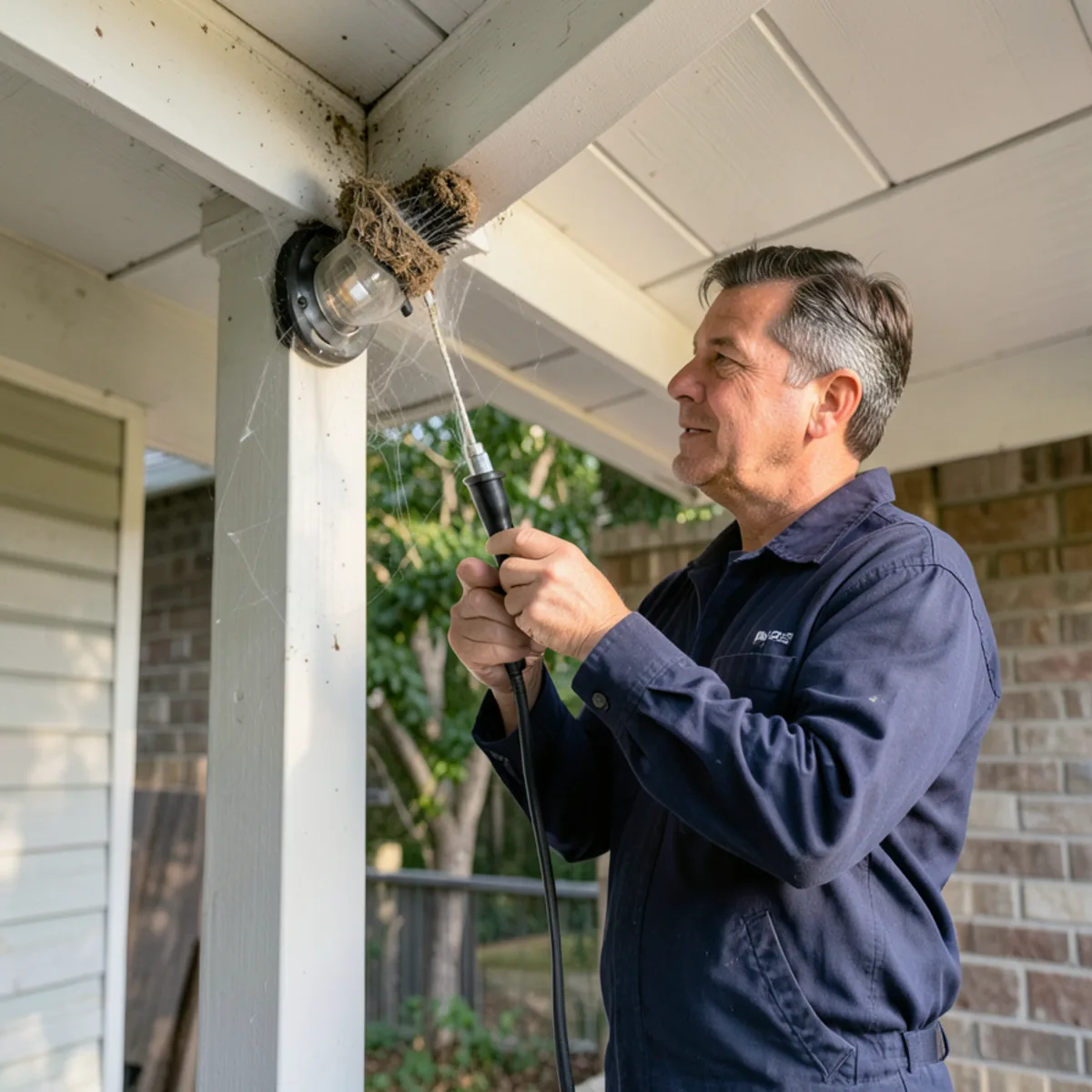 Long telescoping pole removing spider webs from front porch eaves and light fixtures