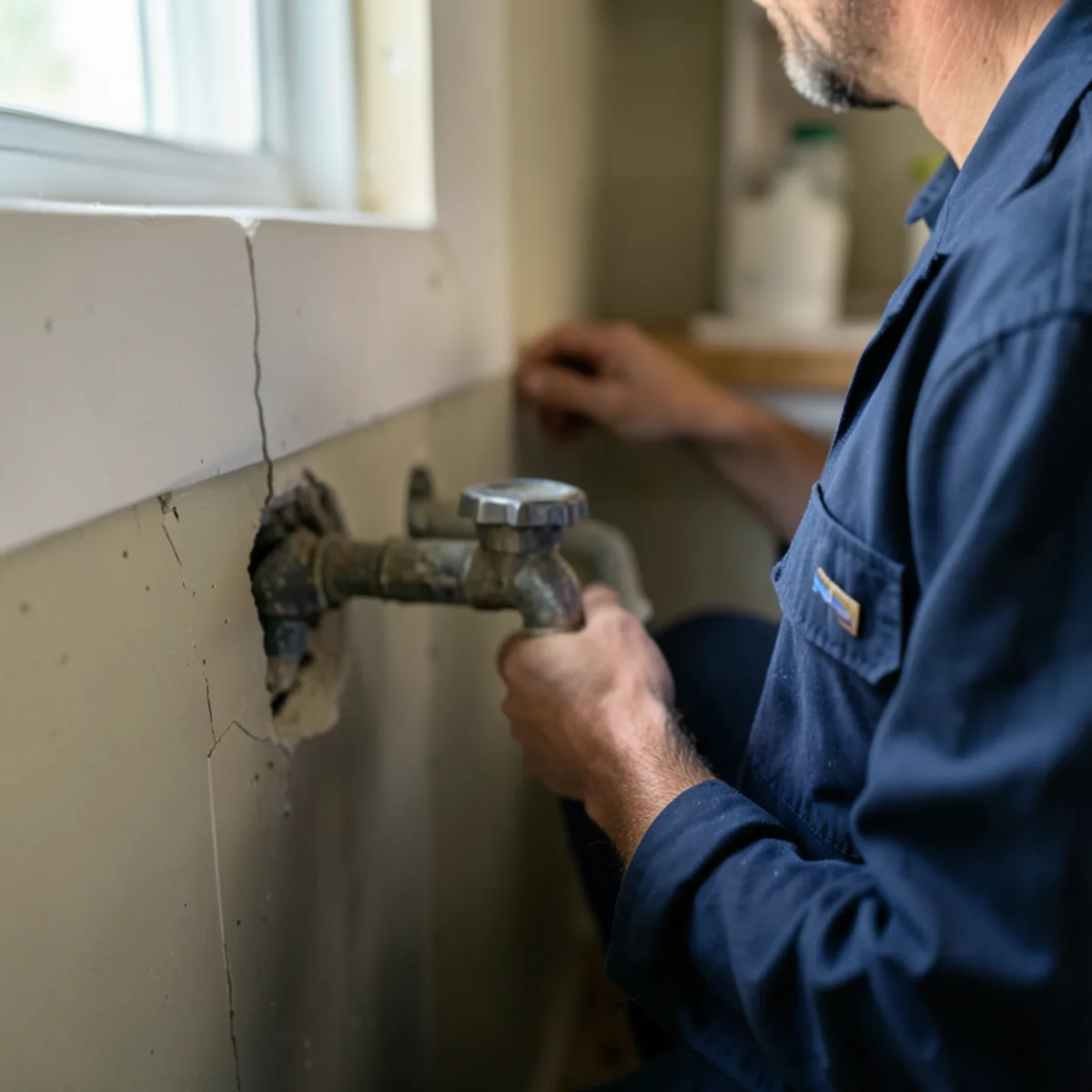 Checking copper water pipe penetration under kitchen sink cabinet for insect access gaps