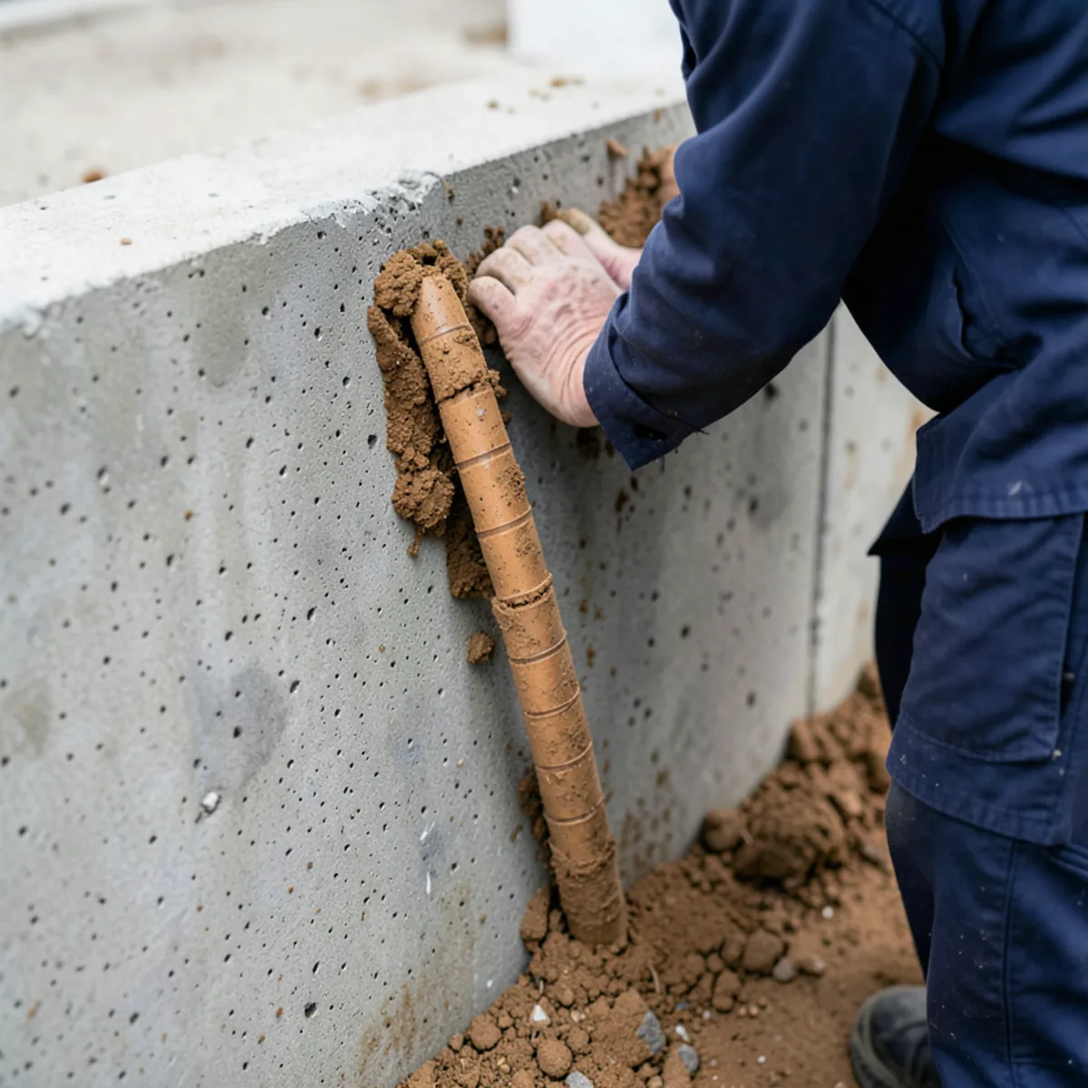 Subterranean termite mud shelter tubes ascending a foundation wall in Conyers GA