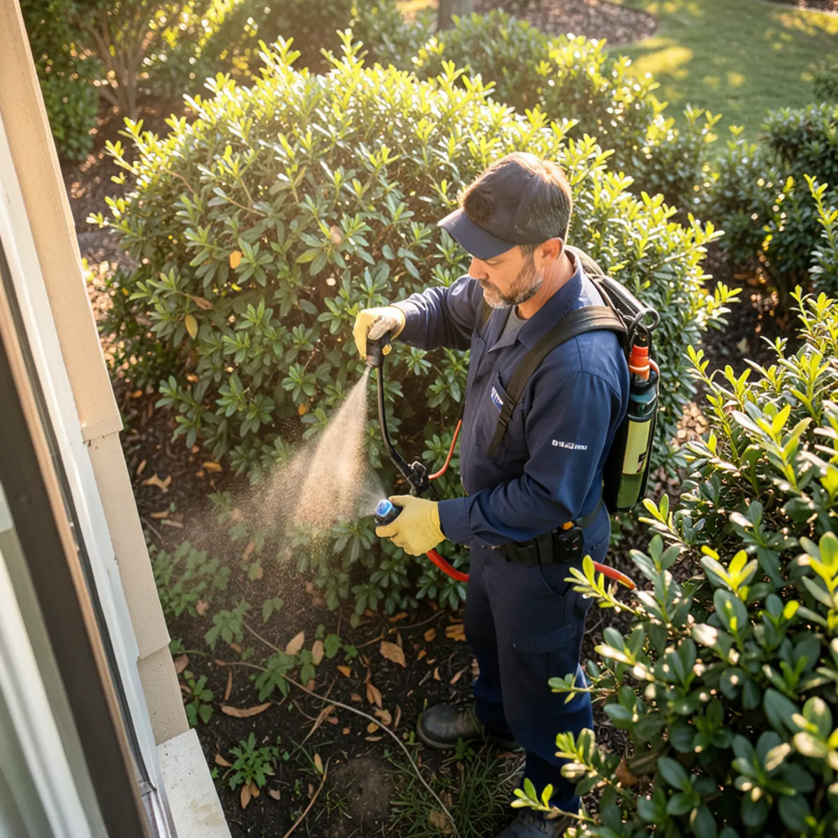 Misting shaded foliage for Asian tiger mosquito control in Conyers yard