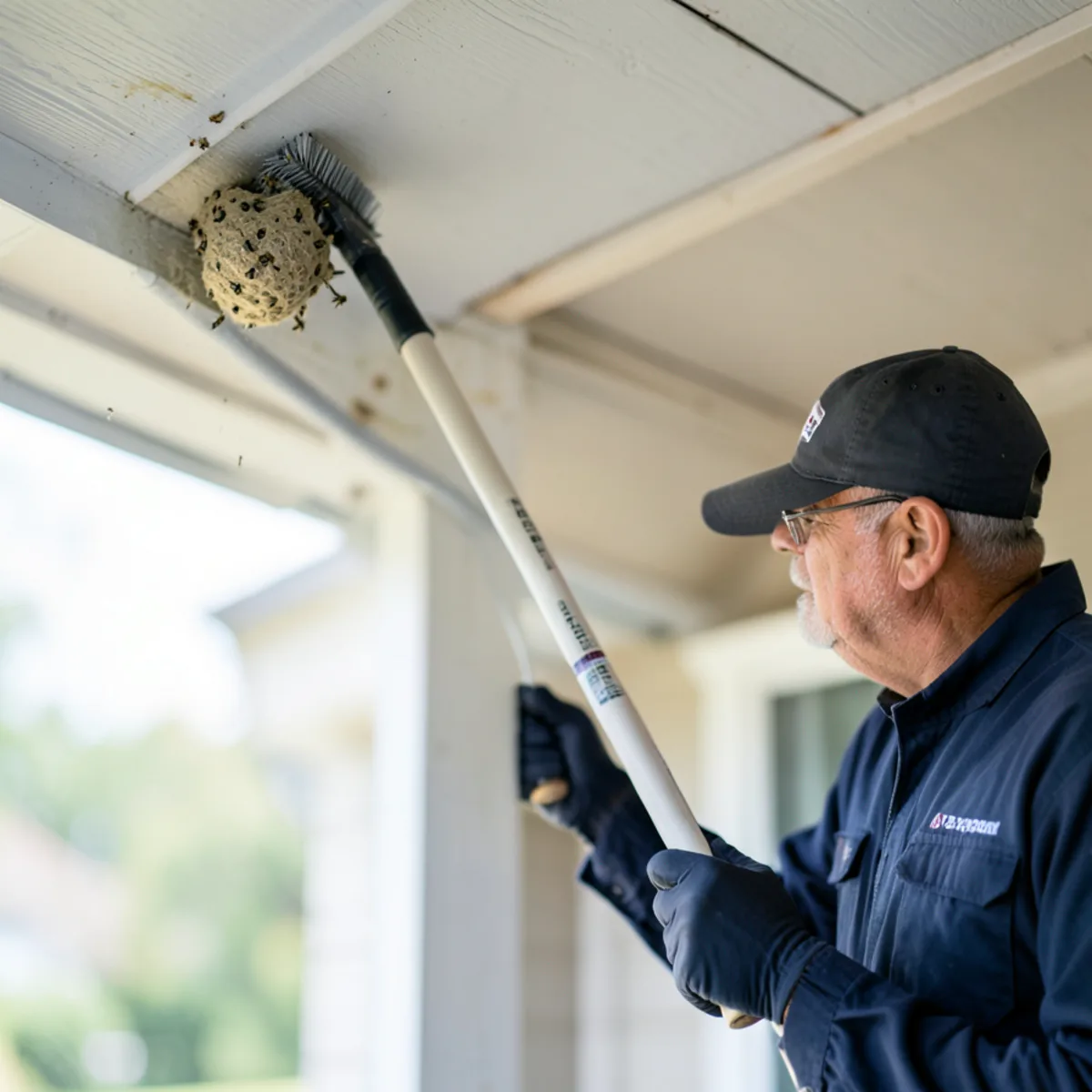 Telescoping pole removing paper wasp nest from residential roof eaves