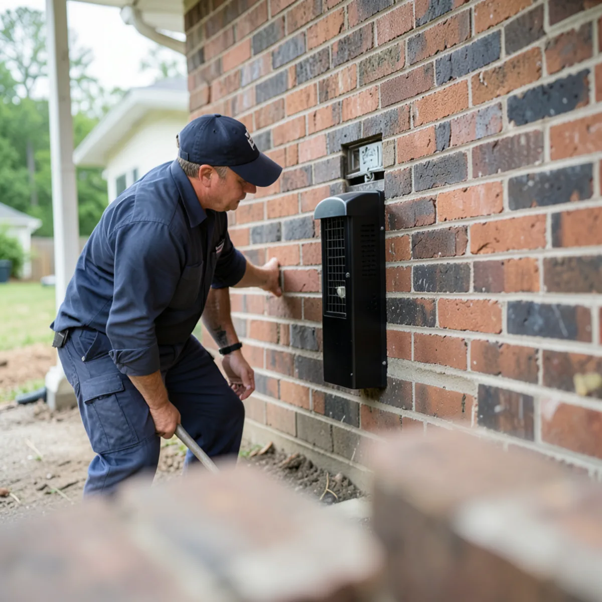 Tamper-resistant rodent bait station placed beside foundation access