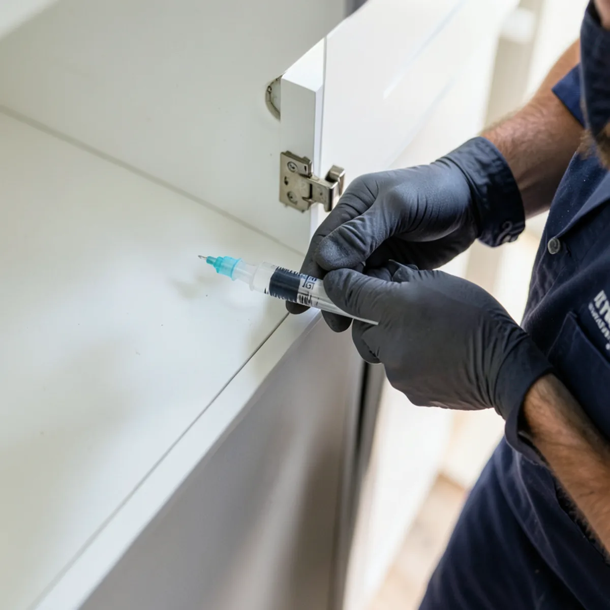Precision gel baiting applied to kitchen cabinet hinge joint for roach control