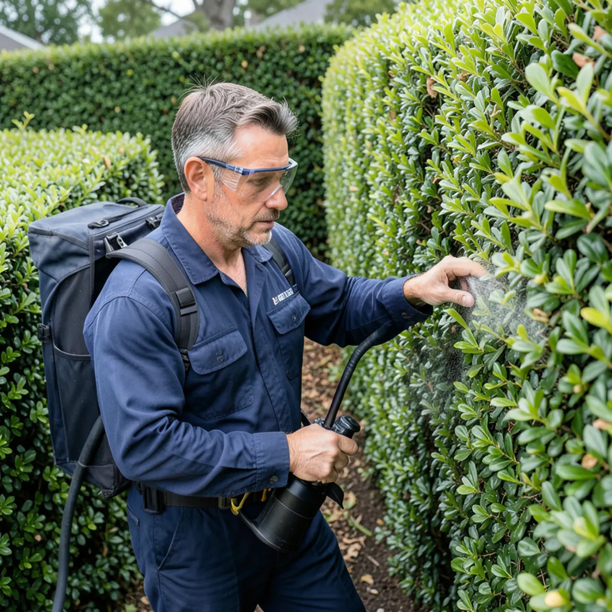 Technician using a commercial backpack mist blower to coat the underside of ornamental shrubs