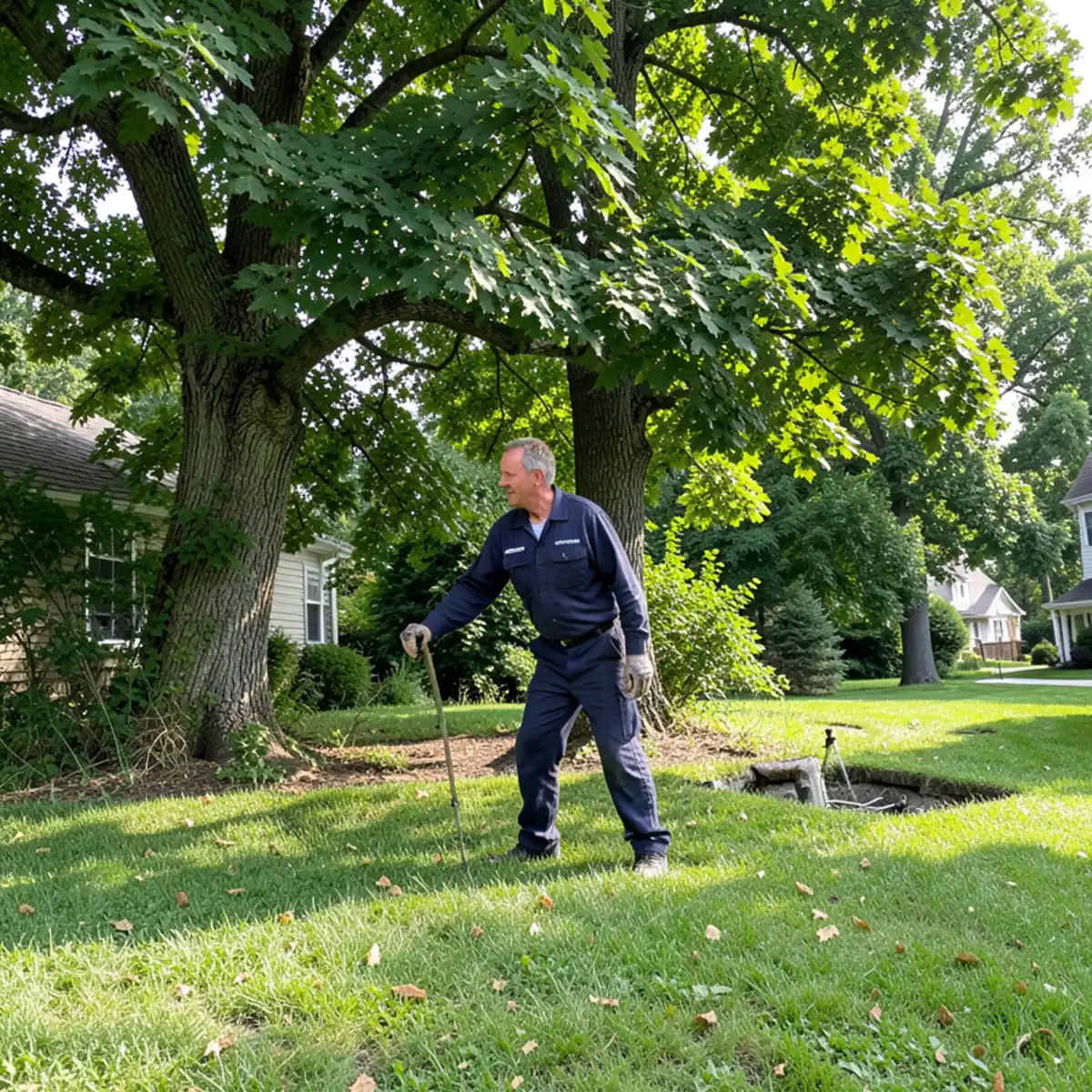 Dense wooded buffer of sweetgum and pine trees bordering a suburban residential lawn
