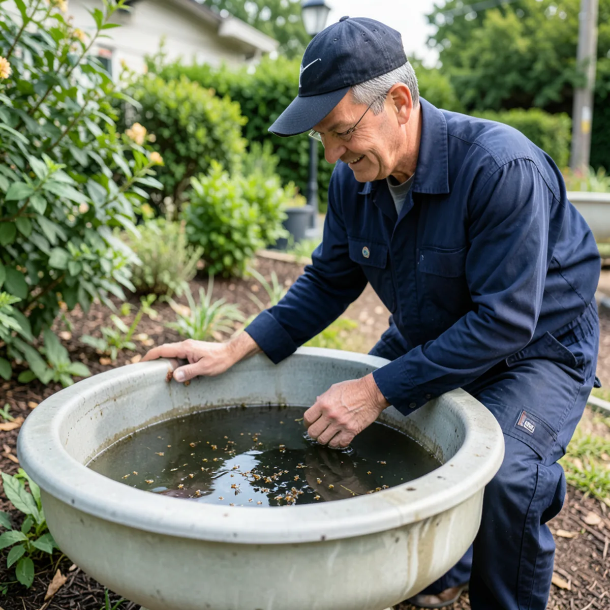 Inspection of standing water in a garden birdbath basin containing mosquito larvae