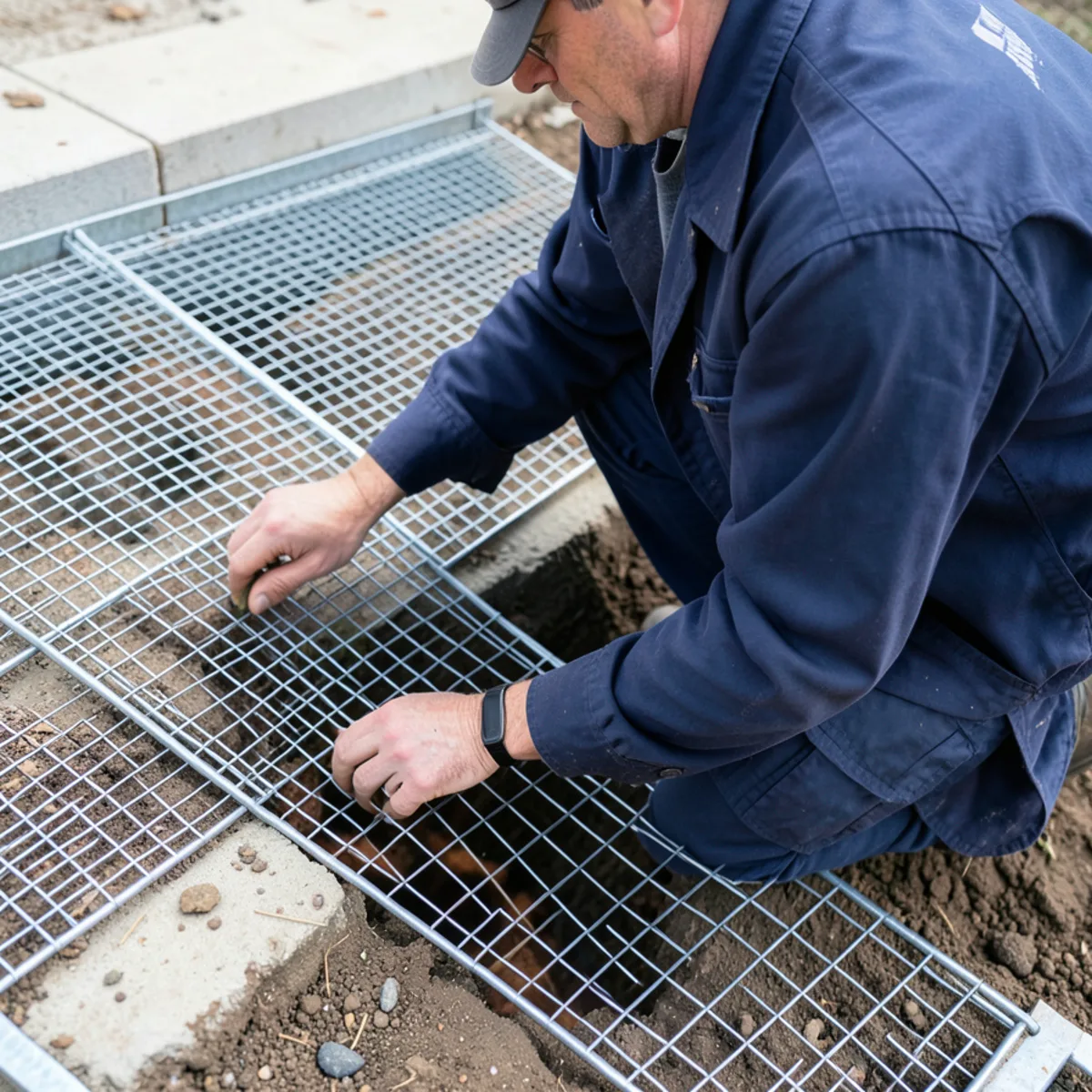 Galvanized heavy gauge wire hardware cloth secured over a crawl space ventilation opening