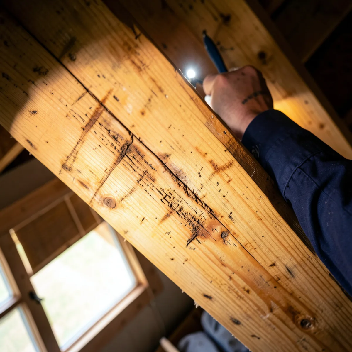 Close-up of wooden structural joist showing fresh rodent gnaw marks and rub stains