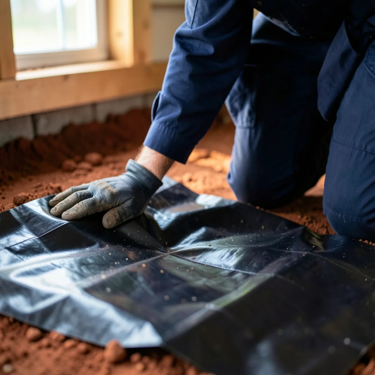Crawl space black polyethylene vapor barrier inspected for rodent burrowing underneath