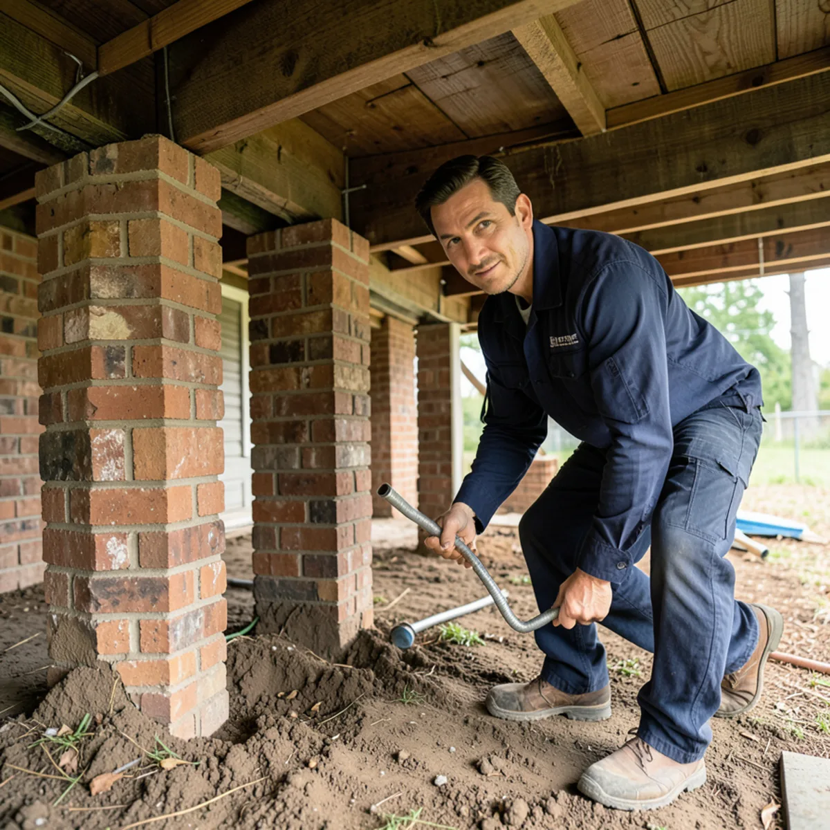 Inspection flashlight illuminating brick foundation pier for subterranean termite tubes