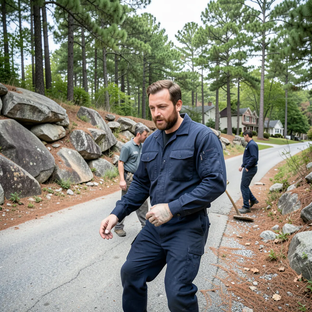 Residential subdivision street bordered by granite boulders and mature pine trees in Lithonia