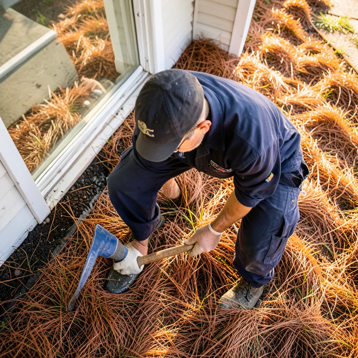 Liquid pest barrier treatment applied beside pine straw garden beds in Lithonia