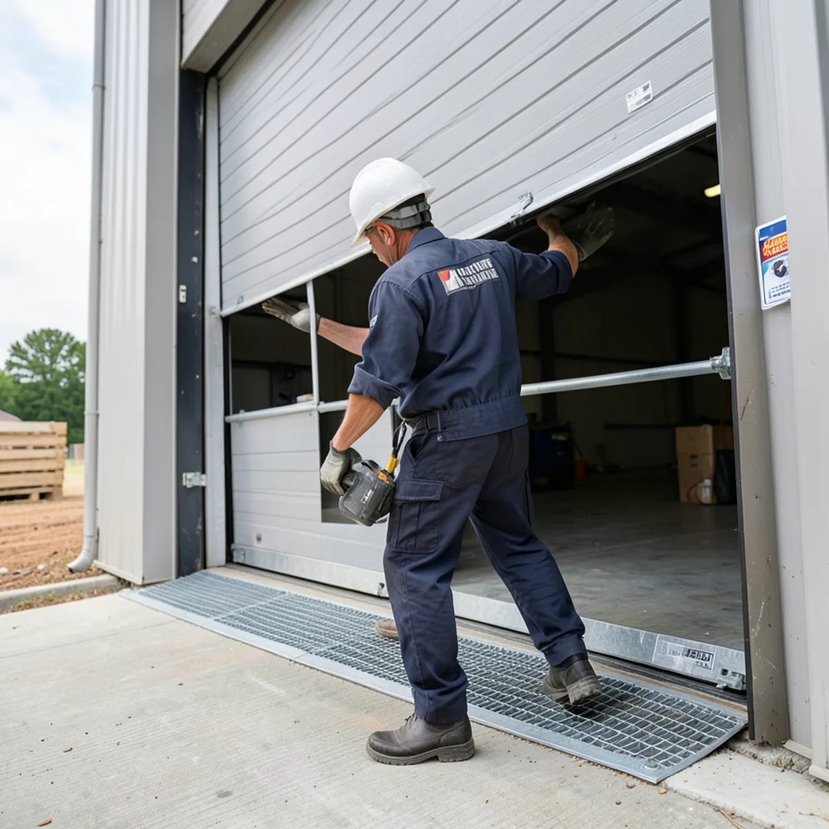 Industrial dock door exclusion seals and steel plate barrier in McDonough warehouse