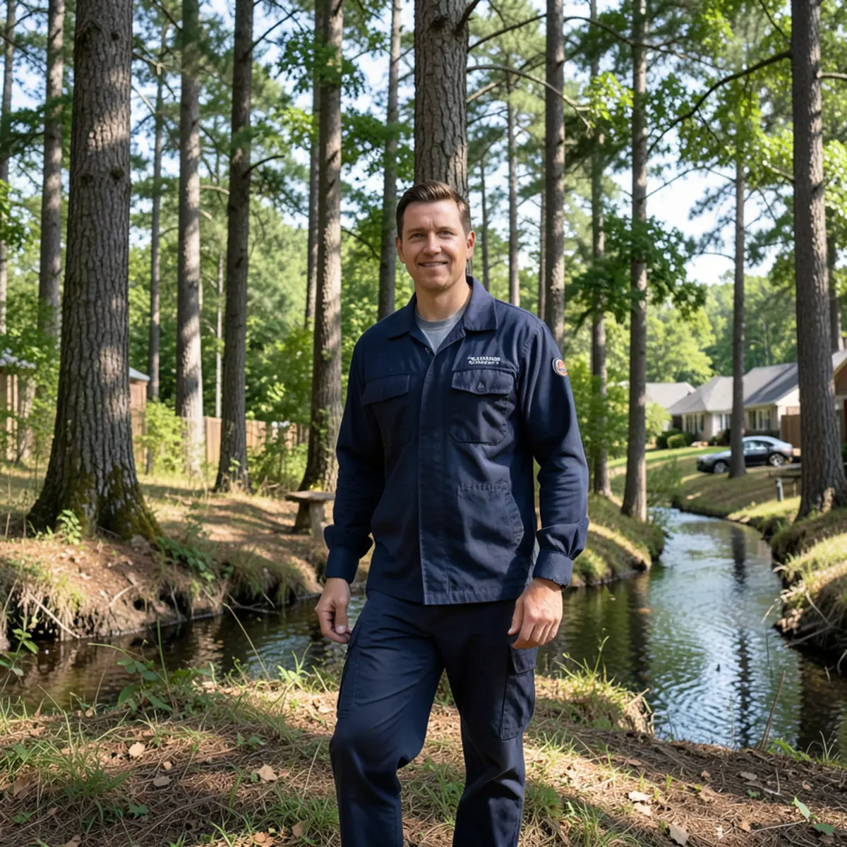 Lush creek buffer and hardwood trees in backyard of Snellville residential neighborhood