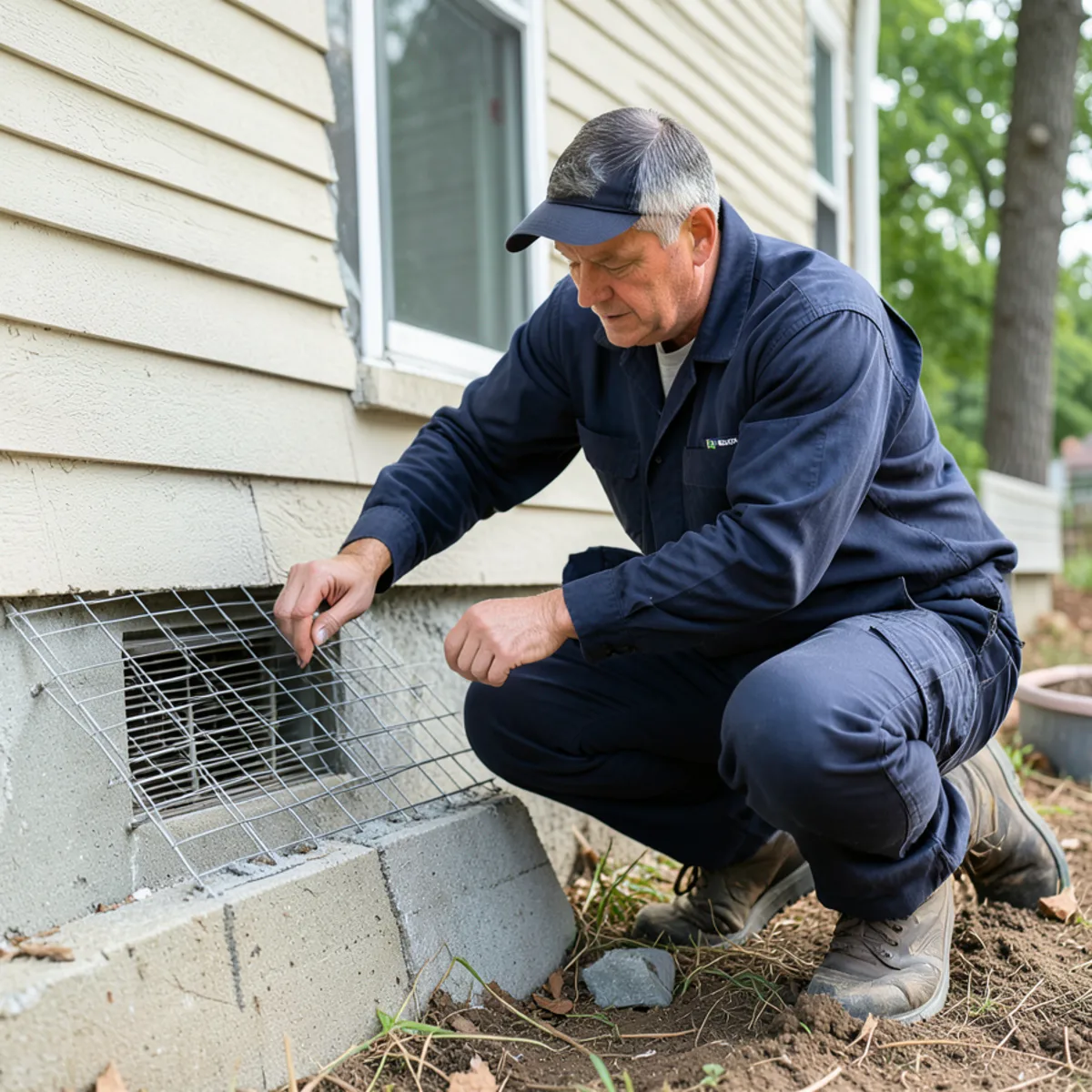 Contractor installing stainless mesh over foundation crawl space ventilation opening