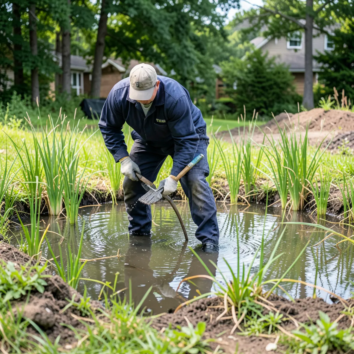 Subdivision retention basin with tall reeds and standing water producing mosquitoes