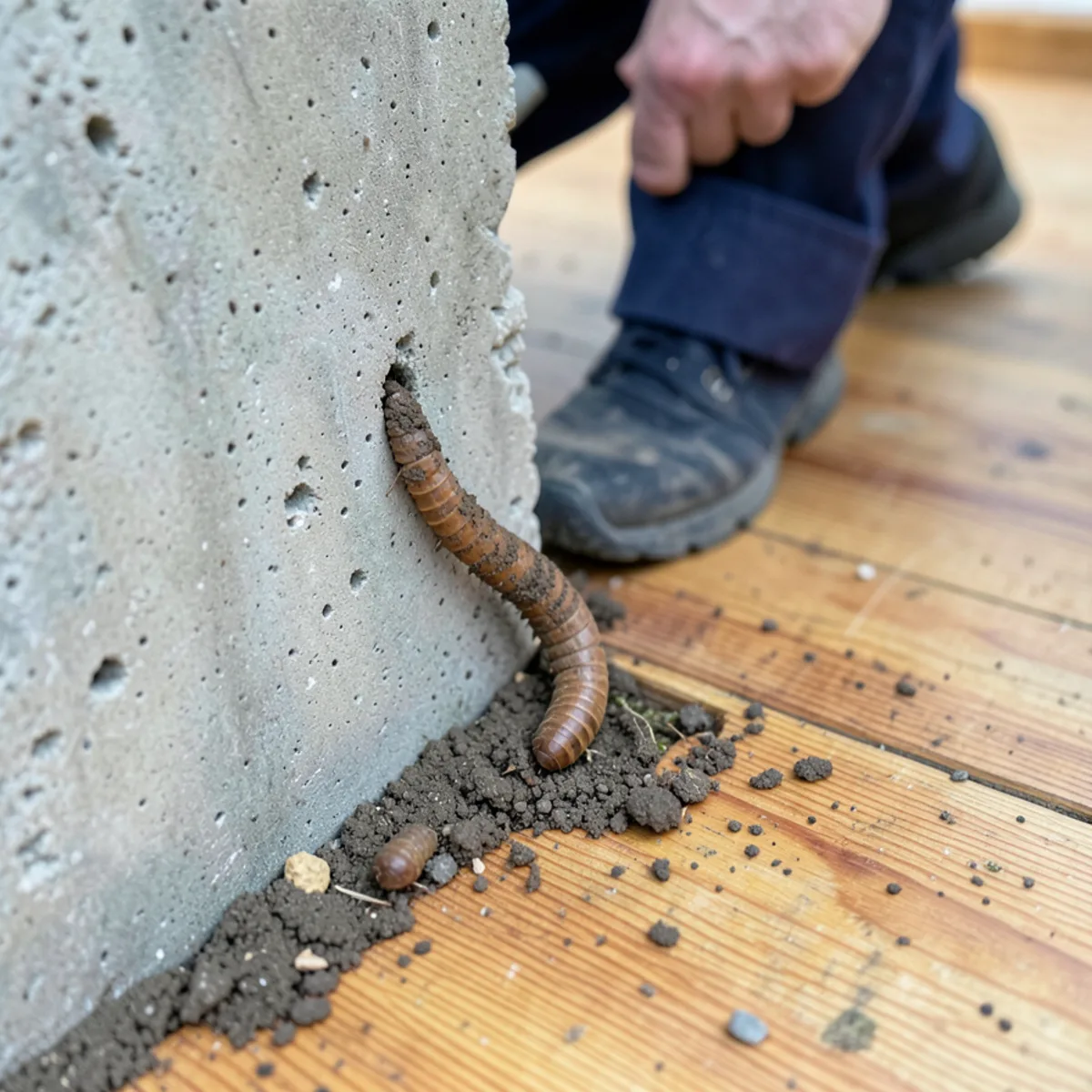 Earthen mud tube built by subterranean termites along a concrete block crawl space pier