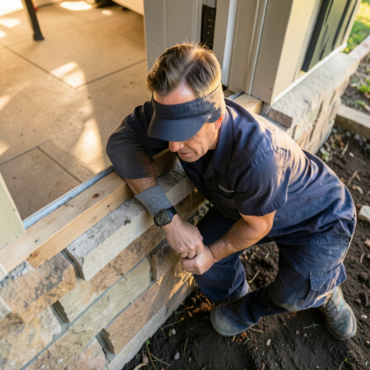 Inspector probing wooden mudsill over masonry foundation with an awl to test wood density